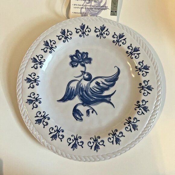 NEW Tahari Home Blue & White Set of 4 Floral / Bird Melamine Plates - Picture 1 of 3
